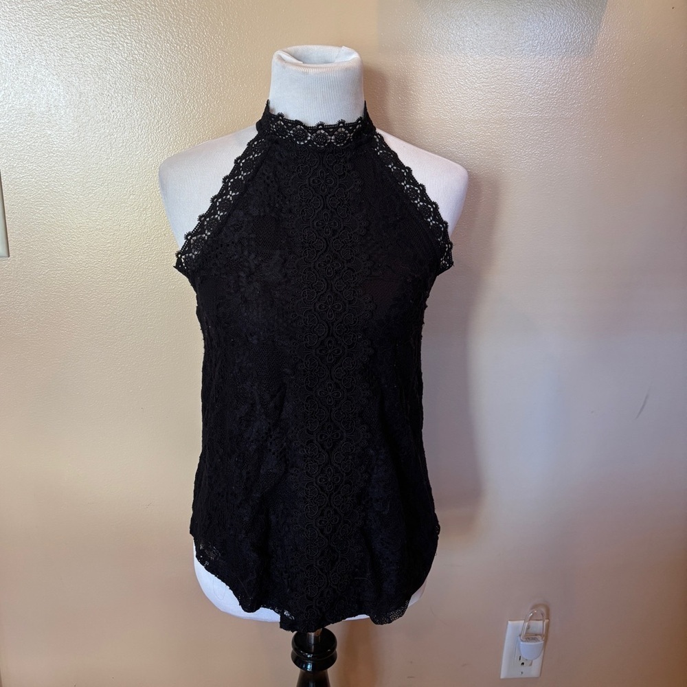 Cable & Gauge Women’s Black Lace Trim Sleeveless Halter Top Size Small
